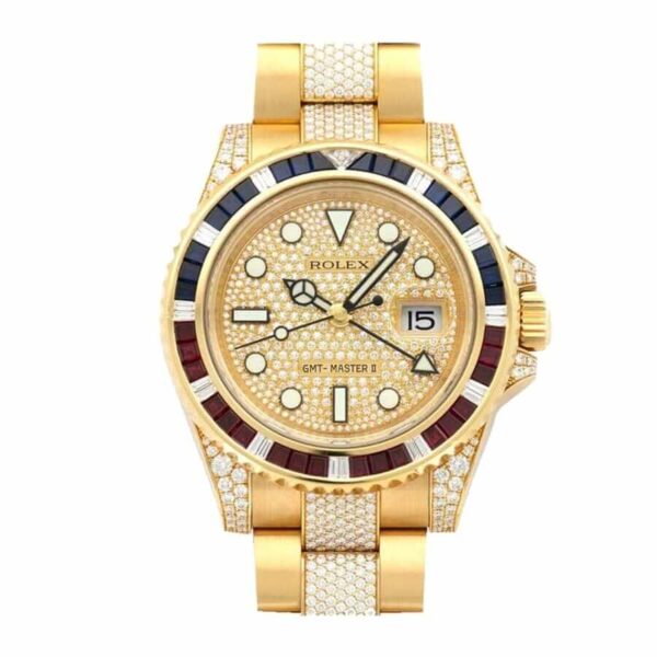 Rolex GMT Master II 116758 SARU Yellow Gold Diamonds Dial Iced Out Replica